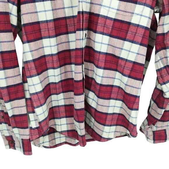 J Crew Flannel Plaid Chamois Elbow Patch Button Up Shirt Size L Red Blue Preppy - Picture 6 of 14
